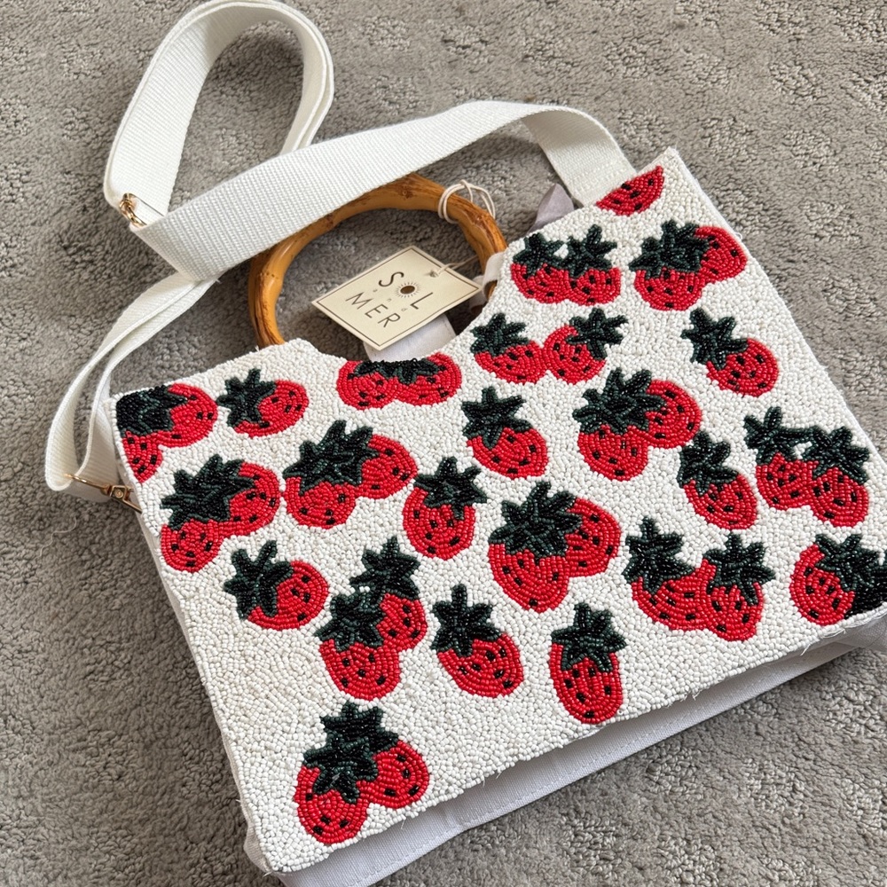 SOL + MER White Beaded Strawberry-Print Tote with Bamboo Handle